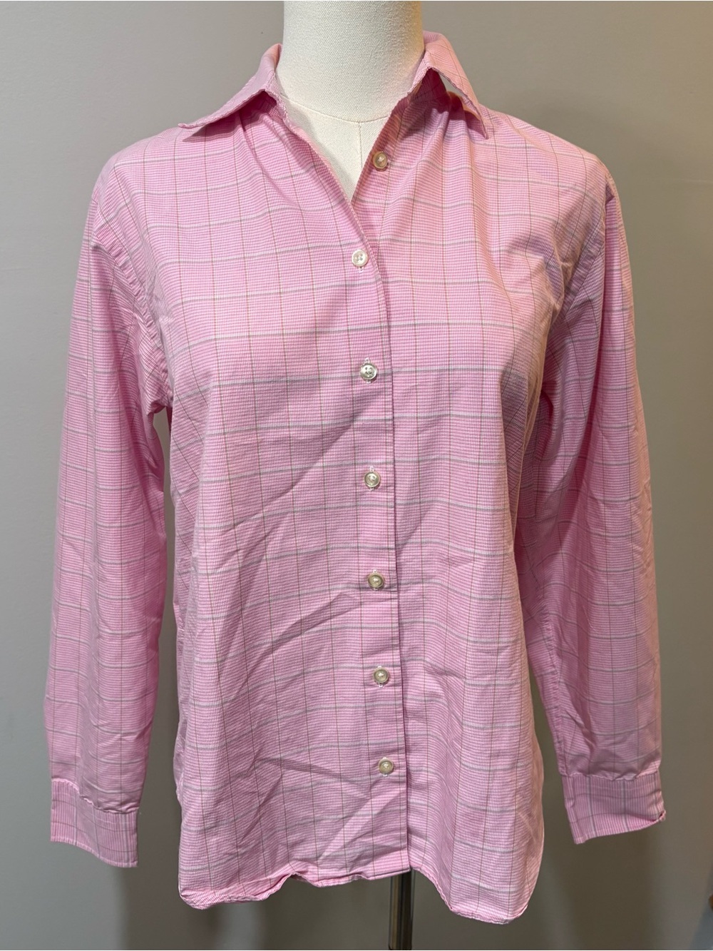 Lands' End Pink Check Button Down Shirt Blouse Womens Sz 6 Preppy Classic Career